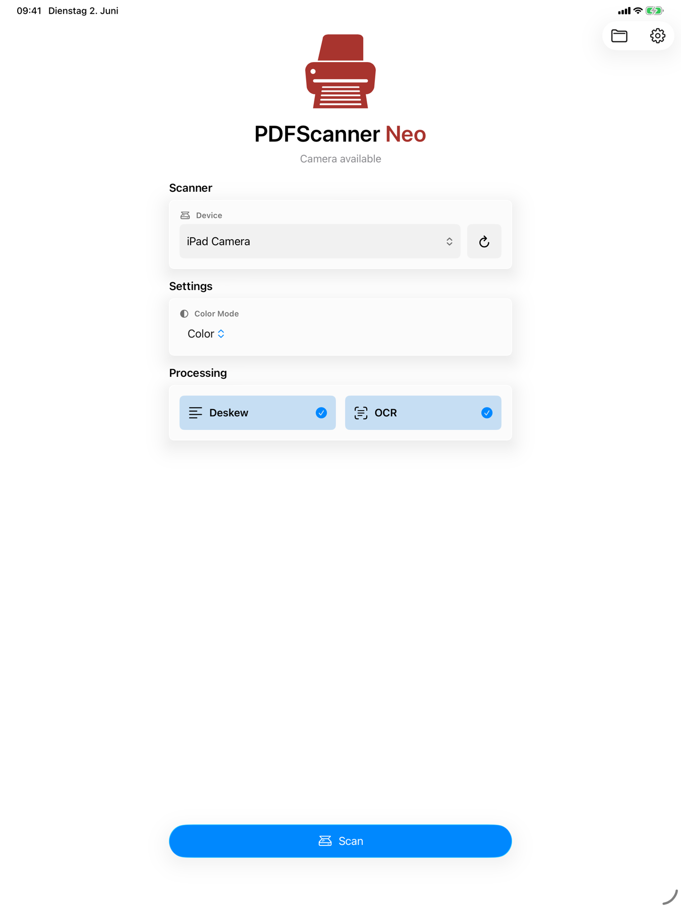 PDFScanner Neo auf dem iPad mit gescannten Seiten im Arbeitsbereich