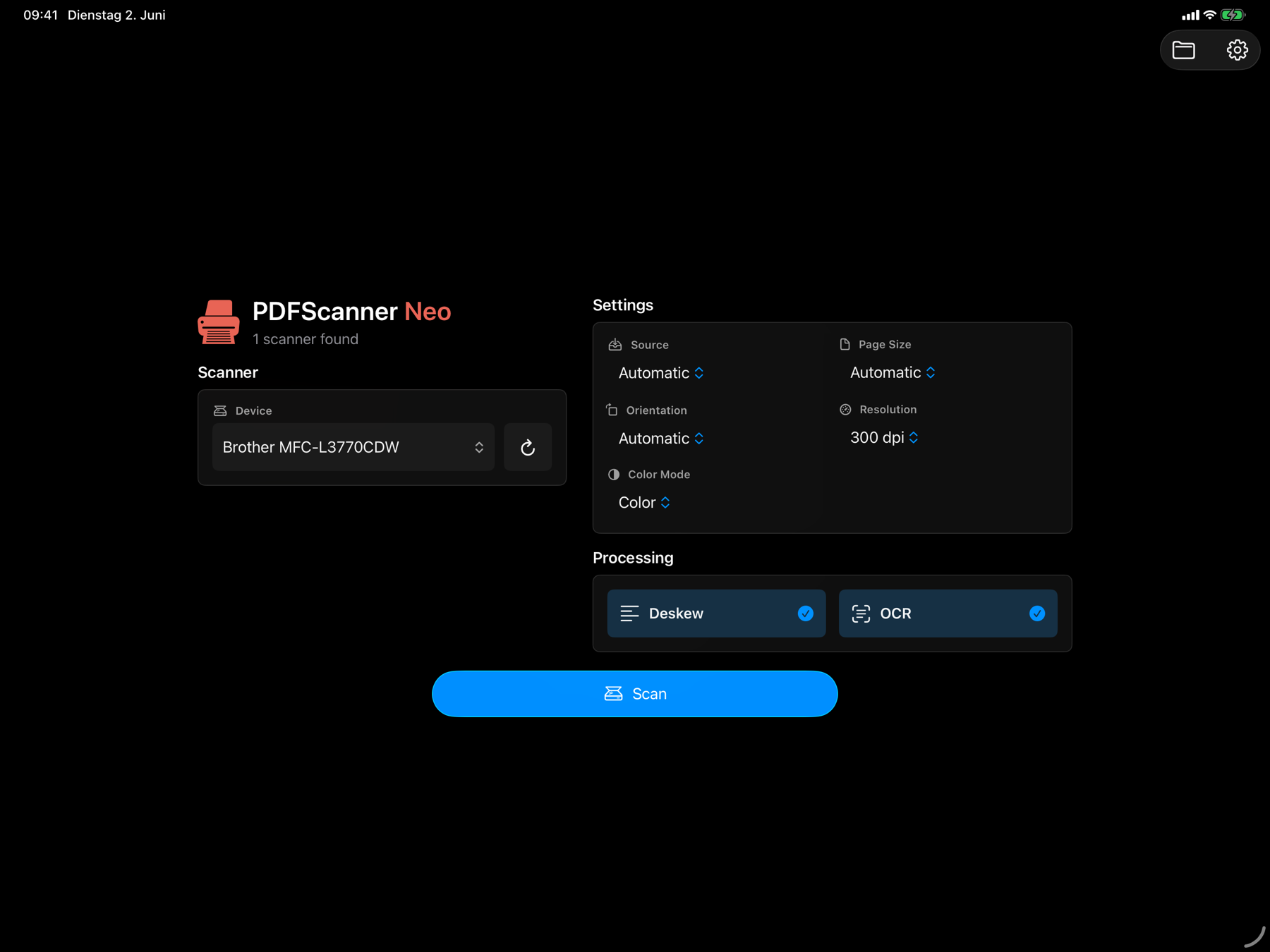 Scanner-Auswahl und Scan-Einstellungen auf dem iPad